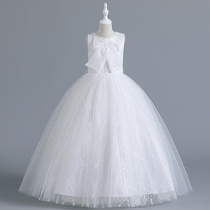Girls Lace Bow Birthday Dress Pink Ball Gown O-Neck Long Puffy Performance Evening Dress For Children - Product Image 2