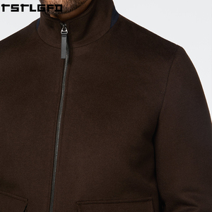 Cut And Sew Wool Blend <b>Jacket</b> <b>Men</b> Dark Brown Stand Collar Patch Pocket Windbreaker Streetwear Outerwear Manufacturers Bulk - Product Image 6