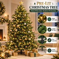Sapin de Noël artificiel pré-éclairé avec lumières blanc chaud, sapin en PVC à charnières avec support métallique pour décoration intérieure
