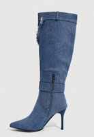 Bottes hautes en jean bleu pour femme, personnalisables, à bout pointu, talon aiguille, bord effiloché, bride de cheville, fermeture éclair latérale