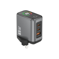 Chargeur mural PD 65W avec prise UK, charge rapide GaN, 2 ports Type-C, 1 port USB-A, avec écran numérique intelligent TFT, adaptateur pour téléphone, ordinateur portable, tablette