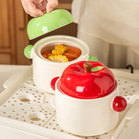 Lelyi Ins Marmite en céramique à double couvercle, faite main, au design mignon et créatif, de style frais et de grande valeur, pour ragoût aux pommes et bol à œufs à la vapeur