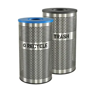 Trash Receptacle Silver Round Bin Customize Manufacturers Supplier Metal Perforated Stainless Steel Storage Bucket Recycling