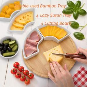 <span class=keywords><strong>Plateau</strong></span> rond en bois bambou <span class=keywords><strong>fromage</strong></span> Snack petit déjeuner salade Dessert <span class=keywords><strong>plateau</strong></span> de fruits avec assiette en céramique amovible bol plats - Product Image 1