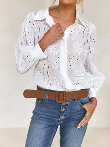 Blus merek tenun lengan panjang untuk wanita, kemeja kasual Depan polos bordir untuk musim semi dan musim panas - Product Image 4