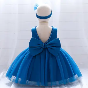 MQATZ Neues Design rücken freie Big Bow Girl Blumen kleid Kinder Kleid Kinder Prinzessin blau Party Taufe für 3 Monate