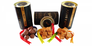 Luxury <strong>Chocolate</strong> Fudge Gift <strong>Hamper</strong> Round Paper Box Metal Lid Caps Ends Custom Gold logo Emboss Xmas Circle Cylinder Packaging - Product Image 2