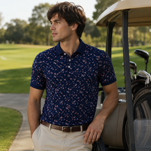 Polo de Golf Personalizado Premium para Hombre, Color Azul Marino con Estampado Floral, Ropa de Resort de Marca Privada con Tecnología de Absorción de Humedad, OEM - Product Image 1
