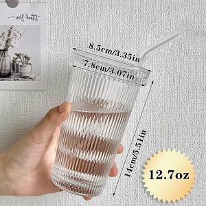 Vasos de viaje, taza de té y café de vidrio acanalado, vaso con tapa de vidrio y cubierta de taza de paja - Product Image 2