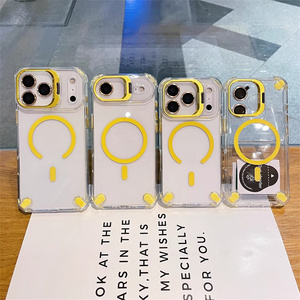 Coque de téléphone transparente avec support magnétique pour caméra et pare-chocs renforcé pour iPhone 17 16 15 14 Pro Max, avec support d'objectif métallique et dos en verre transparent - Product Image 1