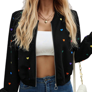 Women's Heart Print Bomber <b>Jacket</b> Casual <b>Zip</b>-<b>Up</b> Long Sleeve Lightweight Windproof Shearling Lining Ribbed Cuff Neck Winter - Product Image 3