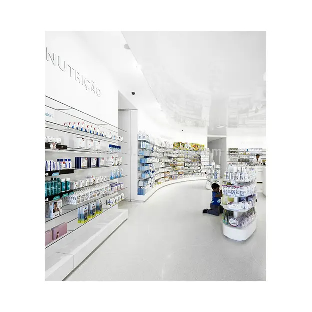 Cadena de farmacias tienda diseño LED luz tienda signo madera y repisa para farmacia