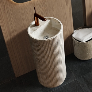 Lavabo sur pied en pierre artificielle beige travertin de luxe moderne, <span class=keywords><strong>design</strong></span> cannelé, pour salle de bain - Product Image 3