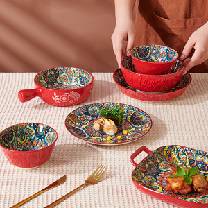 Набор керамической посуды в богемном стиле: ретро-тарелки, миски для риса, большие суповые миски, тарелки для коллег (для использования в офисе/на работе) - Product Image 3