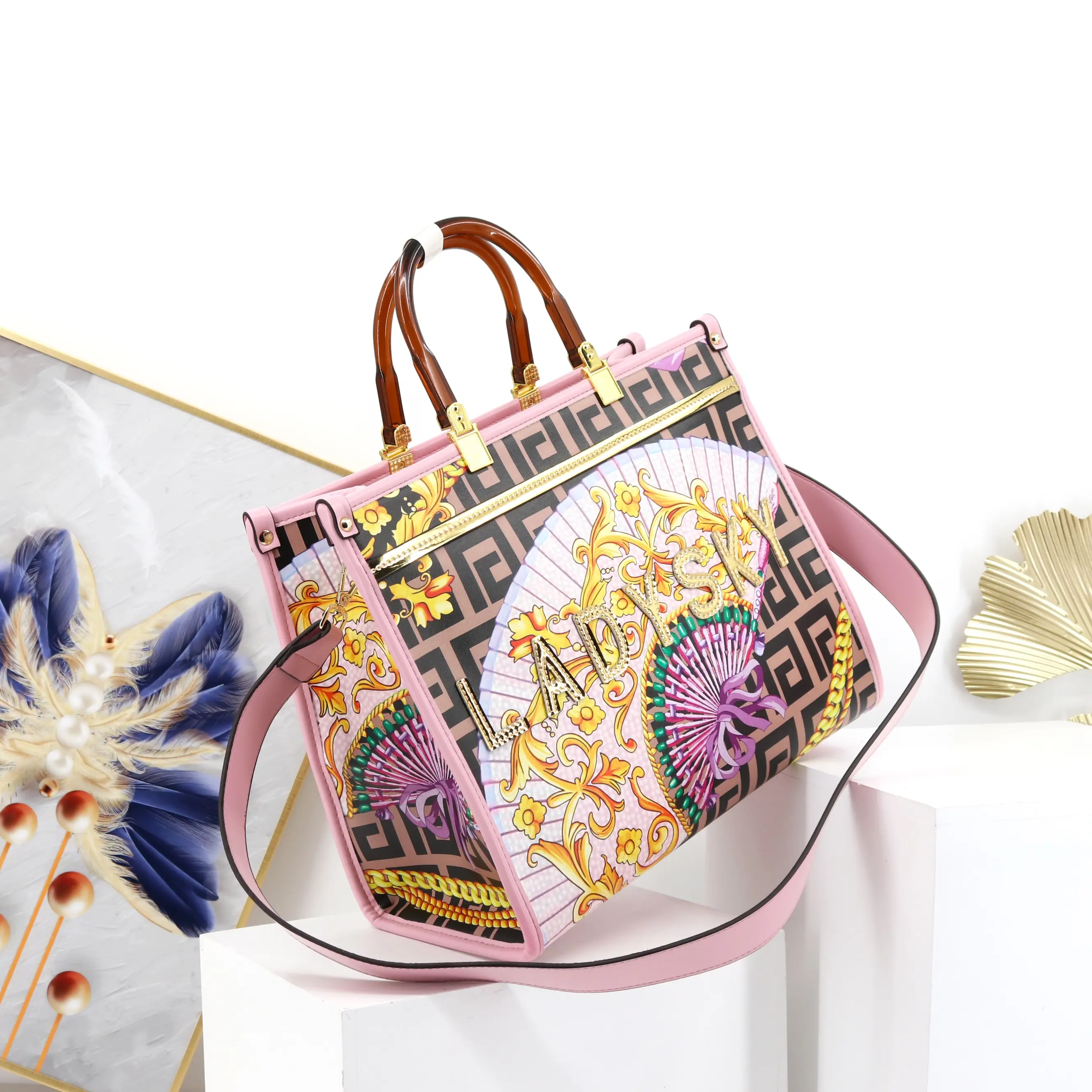 hot selling large size women's handbags quality PU printing ladies bags fashion ladysky private label tote bags for girls 34 cm