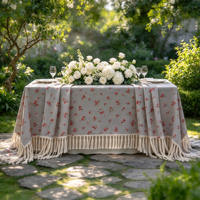 Nappe rustique en coton et lin à franges, motif floral vintage, pour banquets d'hôtel, fêtes de jardin et décoration de table à domicile