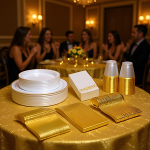 Service de vaisselle jetable doré 175 pièces, assiettes, gobelets, couverts et serviettes en plastique pour fête, style classique - Product Image 2
