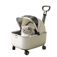 Chariot de transport pour animaux de compagnie à coque rigide avec roues pivotantes, poignée télescopique, auvent, ventilation et anti-évasion pour chats et chiens