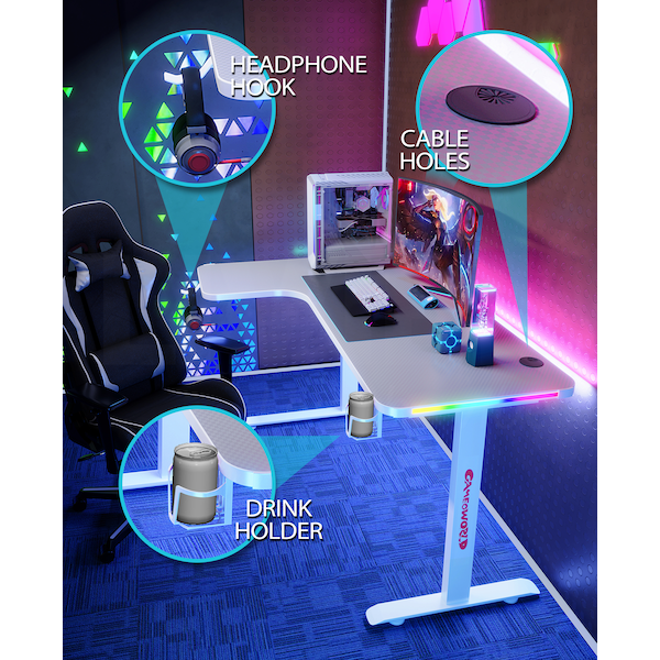 ORANGLES Large L-Shaped RGB LED Gaming Desk | Modern White Computer Table with Adjustable Height, Customizable Design, High Quality PC Gamer Desk (Kuwait) - angled perspective - presenting advantages - Image 4 of 6 | fits any environment | Purchase Large L-Shaped RGB LED Gaming Desk | Modern White Computer Table with Adjustable Height, Customizable Design, High Quality PC Gamer Desk (Kuwait) Michigan | Free Shipping ORANGLES