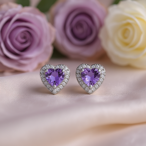 Orecchini a Perno E396 Cuore Viola in Argento 925 con Cristallo di Ametista per Uso Quotidiano Femminile - Product Image 2