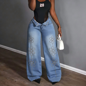Jeans vintage pour femmes, jeans en denim à jambes larges, broderie, tendance, mode, avec fonction stretch, jeans extra larges pour femmes - Product Image 2