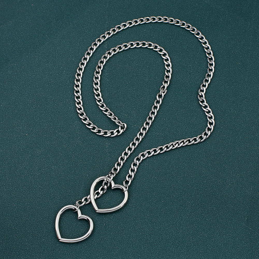 Fashion Adjustable Double Hollow Heart Pendant Y Necklaces Punk Rock Black  Stainless Steel Cuban Slip Chain Necklace for Women