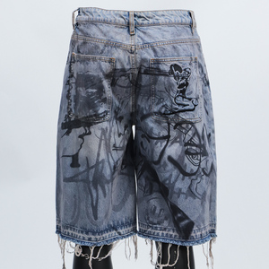 Spray Paint Design Vintage Washed Blue Streetwear Baggy Jean Jorts Graffiti Print Denim <strong>Shorts</strong> with Frayed Hem - Product Image 5