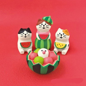 Statuette in Resina Fatte a Mano di Gatti Miniatura, Stile Giapponese ZAKKA INS, Tema Anguria Estiva, Amore <span class=keywords><strong>e</strong></span> Musica - Product Image 2