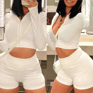 Wholesale Spring Fall Custom Logo <strong>Women's</strong> Outfits Crop Top Hoodie Shorts Ribbed <strong>Knit</strong> Matching Set <strong>Jogger</strong> <strong>Women</strong> Two Piece Sets - Product Image 3