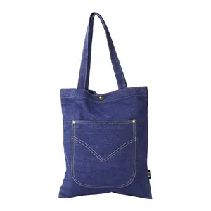 Customizable fancy design navy blue jean fabric shopping denim tote bags wholesale with pocket