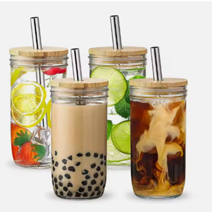 16oz 24oz <strong>Mason</strong> <strong>Jar</strong> Bubble Tea Smoothie Juice Iced Coffee Glass Drinking Cup with Straw and Lid - Product Image 5