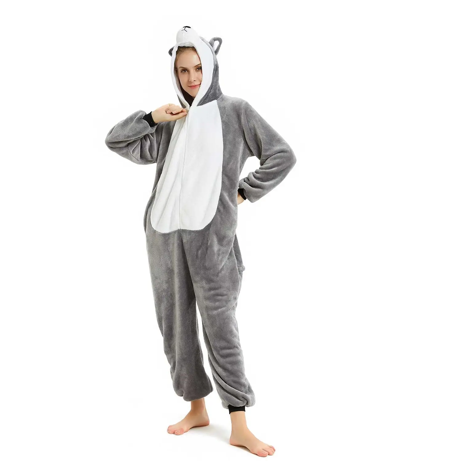 Pijama de flanela para adultos, atacado de varejo com animais, pijama de natal para adultos, cinza