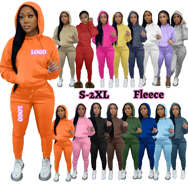 2022 Fall Custom Logo 2 Pc Hoodie Set Women Clothing Winter 2 Piece Set For Women Solid Sweatpants And Hoodie Set