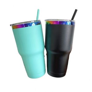 Vacuum Insulated 30Oz <b>Rainbow</b> Plated Tumblerr With Colored Straw Laser Engraving for Outdoor Travel Coffee Cup - Product Image 1