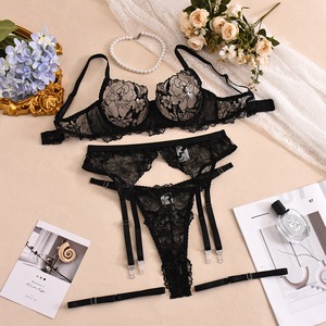 New Arrival Lace Bodysuit Embroidered Sheer Sexy Lingerie Set for Women With Leg-high Socks Underwire - 4-Piece Set - Product Image 6