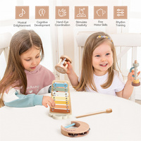 Wooden Musical Instruments Toy Set Morandi Pastel Xylophone Moon Tambourine Sun Rattle Flute Toddler Educational Toys Gift Set