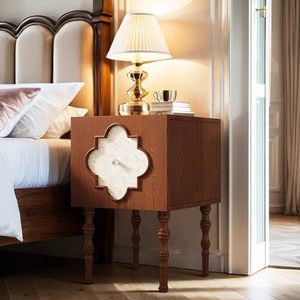 NKOL French Traditional Solid Ash Wood Nightstand with Mother-of-Pearl Inlay 1 Drawer Bedroom Furniture - Product Image 1