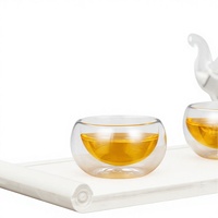 Tasse à thé en verre Chawan personnalisée résistante à la chaleur en bambou, tasse isolante en verre borosilicate à double paroi avec infuseur à thé
