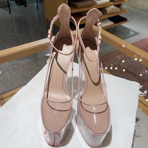 Women PVC High Chunky Heels Transparent Thick Platform Sandals Crystal Summer New Ankle Buckles Apricot Pumps Shoes - Product Image 5