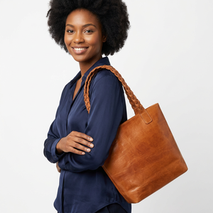 Sac fourre-tout bohème en cuir véritable pour femme, avec bandoulière tressée, fermeture éclair, sac à main vintage de couleur unie, sac de shopping de haute qualité - Product Image 3