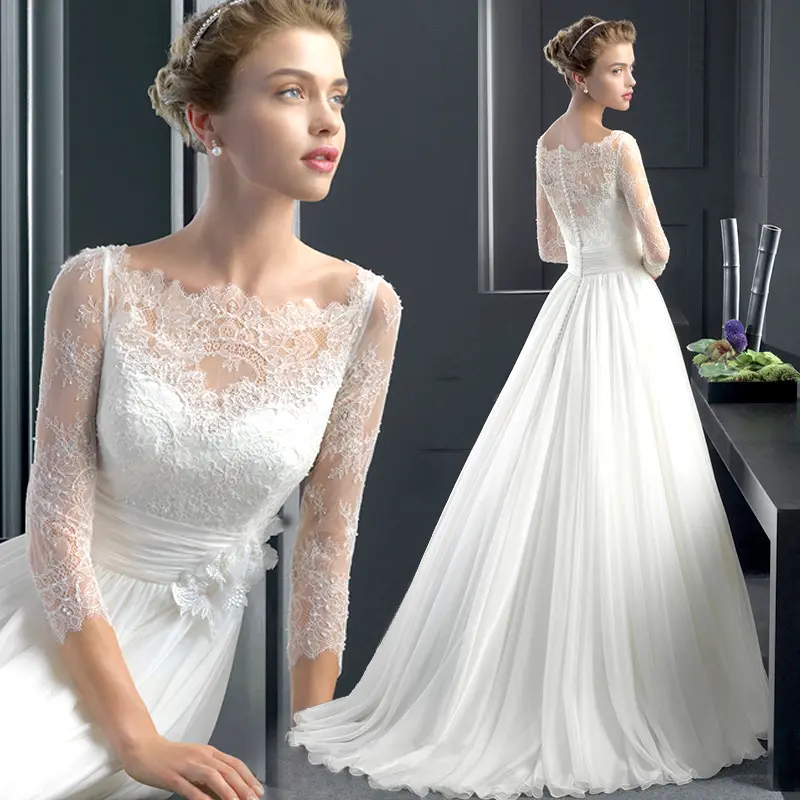 2022 Newluxury fransız dantel uzun kollu çiçek kız kadın şifon gelin uzun Trail arka düğün elbisesi