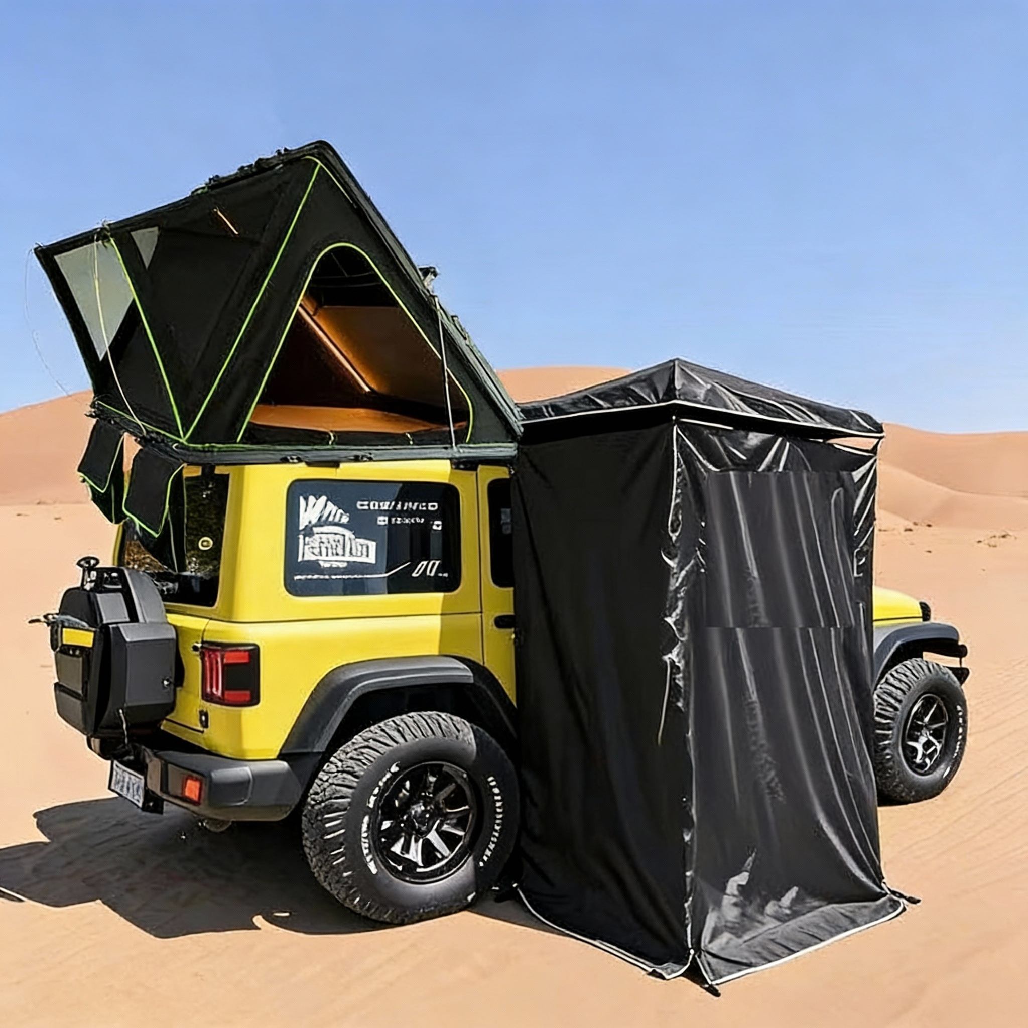 Tente de pluie noire avec housse de protection extérieure.