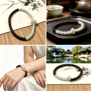 Pulsera de Doble Bucle con Cuentas de Jin Si <span class=keywords><strong>Yu</strong></span> y Agarwood Naturales, Diseño de Anillo Móvil en Forma de Bola, Joyería con Cuentas de Incienso para Unisex - Product Image 3