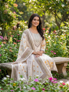Ensemble Kurta, pantalon et dupatta en coton à imprimé floral jaune doux, séchage rapide, sans plis, vêtements ethniques pour femmes, décontracté et festif - Product Image 2
