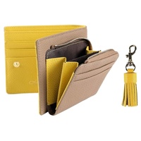 Portefeuille court en cuir véritable avec motif litchi, style japonais, blocage RFID, pendentif pompon, porte-monnaie unisexe portable