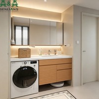 Ensemble de meubles de salle de bain SLS avec intégration de machine à laver, évier intégré, armoire miroir LED, texture bois