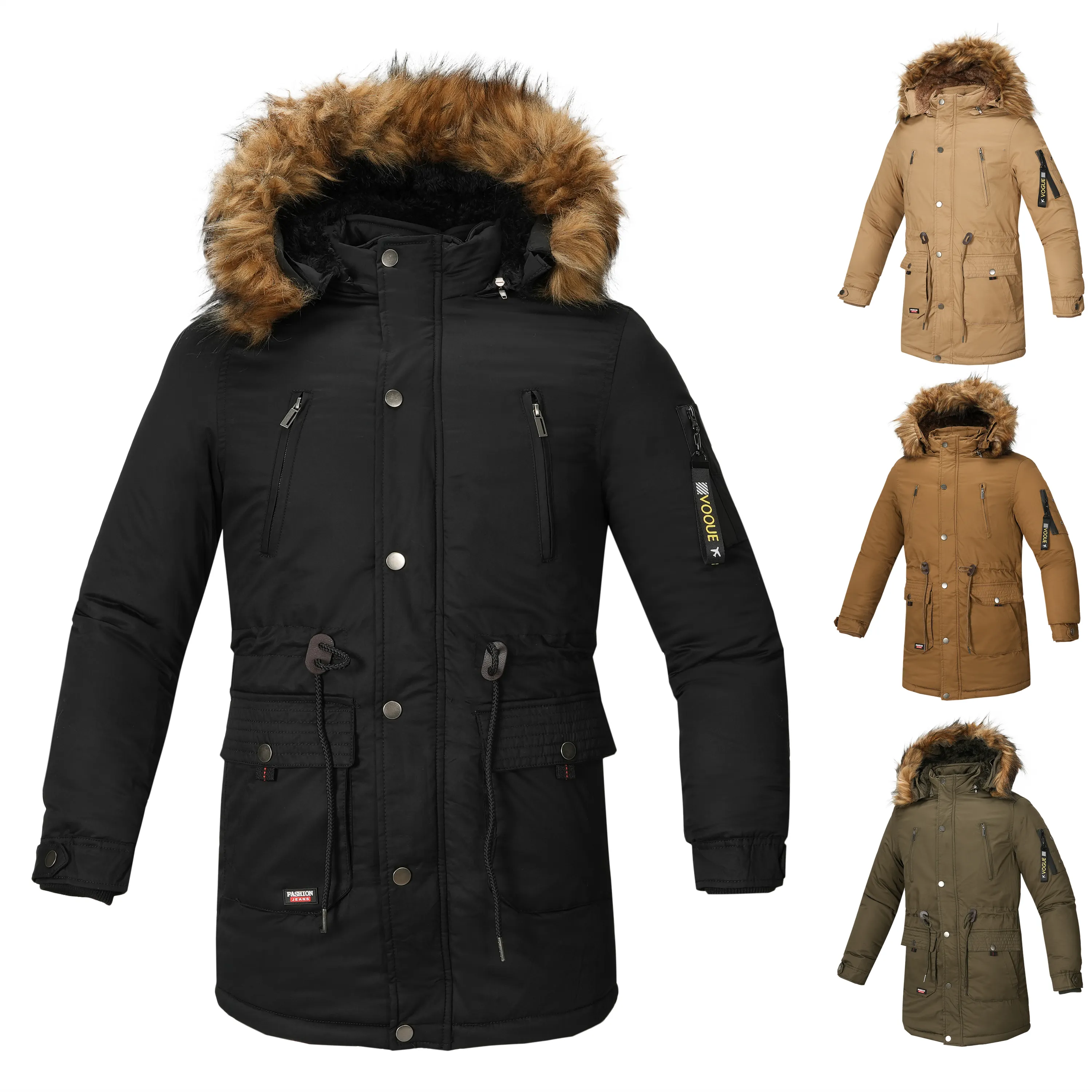 Manteau d'hiver personnalisé avec LOGO pour hommes Manteau rembourré pour hommes Grande taille Veste en coton Parka à capuche en fourrure épaisse et chaude pour hommes