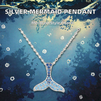 Collier Pendentif Charme Queue de Sirène Bleue en Argent 925 Plaqué Rhodium avec Zircon, Cadeau Bijoux Sirène