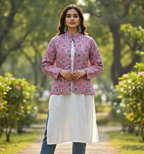 Veste matelassée en coton pour femme, motif floral, bleu ciel d'automne, manches longues en coton, réversible, imprimé double - Product Image 5