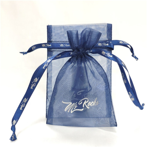 Custom Navy Blue Organza Gift Cosmetic Packaging Drawstring Bags with Logo on Bag and <b>Strings</b> Fuchen Brand Model OP - Product Image 1